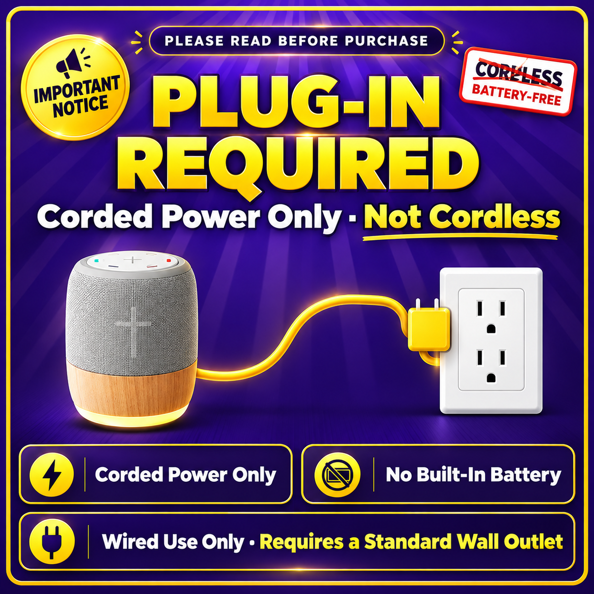Plug-in required: the player works on corded power only and has no built-in battery