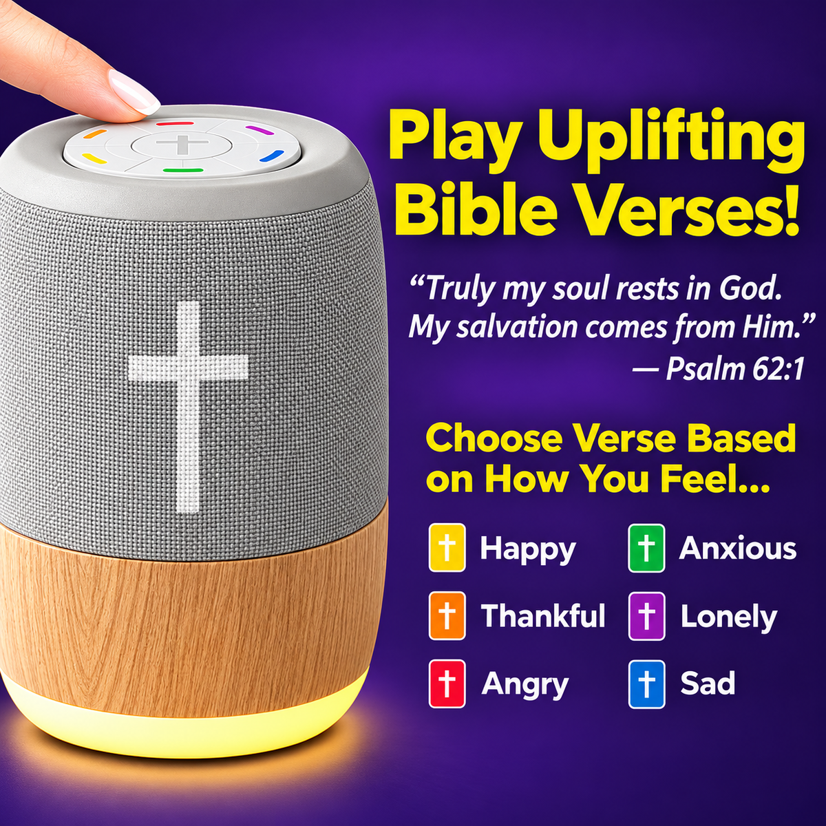 The verse player with the six categories: Happy, Thankful, Angry, Anxious, Lonely and Sad