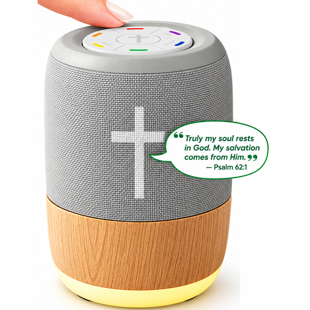Bible verse audio player with grey fabric body, white cross, wood-look base and coloured buttons on top