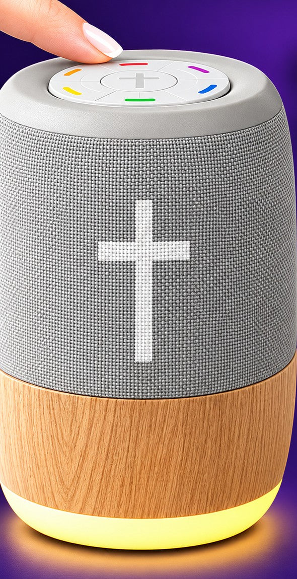 Bible verse audio player with a finger pressing the coloured category buttons on top