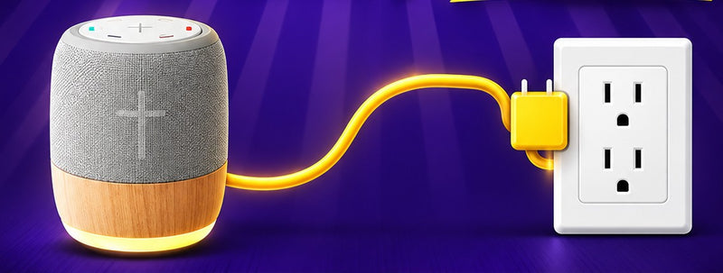 The verse player connected by its cable to a wall outlet: plug-in power only